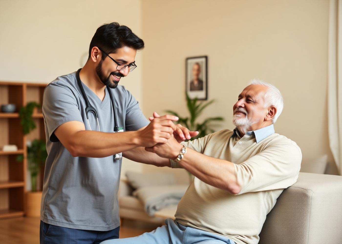 Physiotherapist helping elder at home