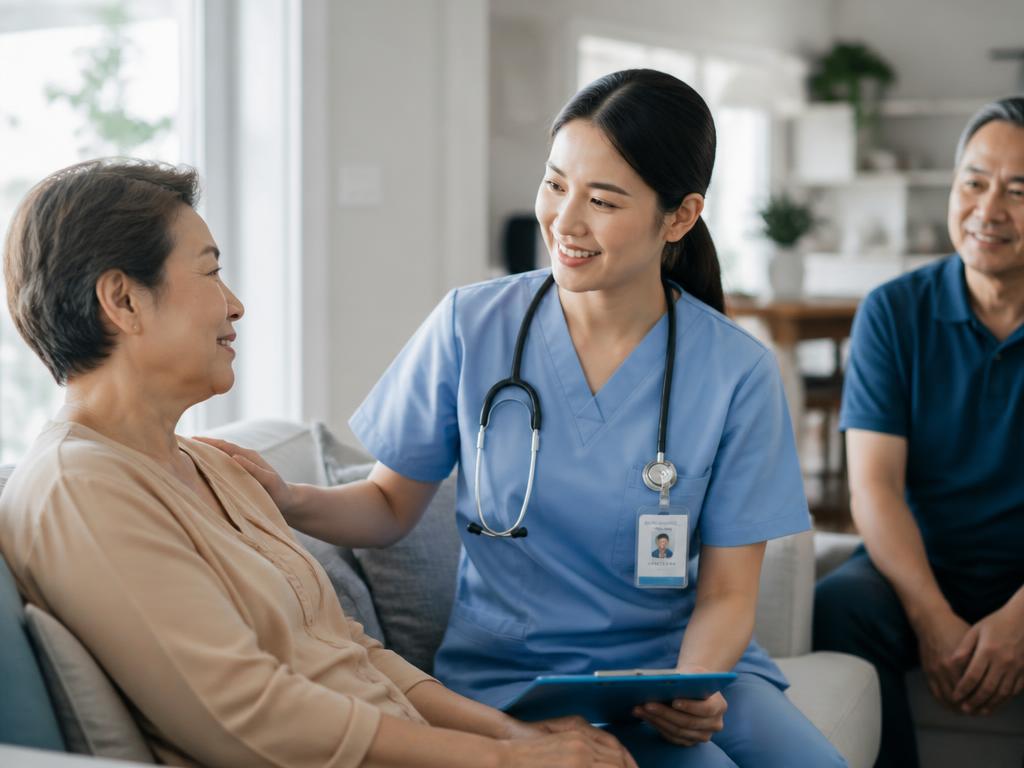Professional nurse providing short-term home nursing care to a recovering patient in a clean home environment